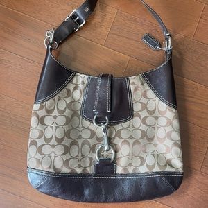 Coach Signature Canvas and Dark Brown Leather Shoulder Bag